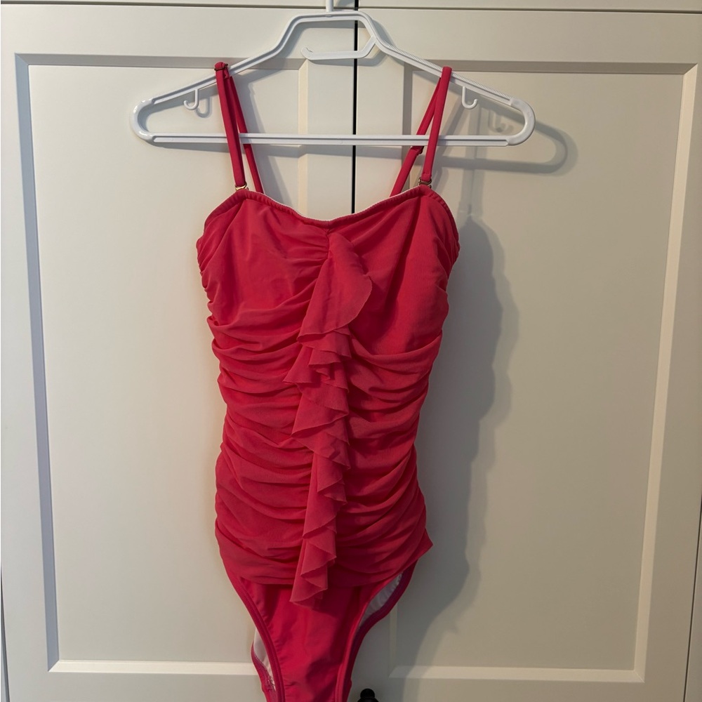Pink Ruched One Piece Swimsuit Ruffle Front Tummy Control Size 10 - Picture 2 of 7